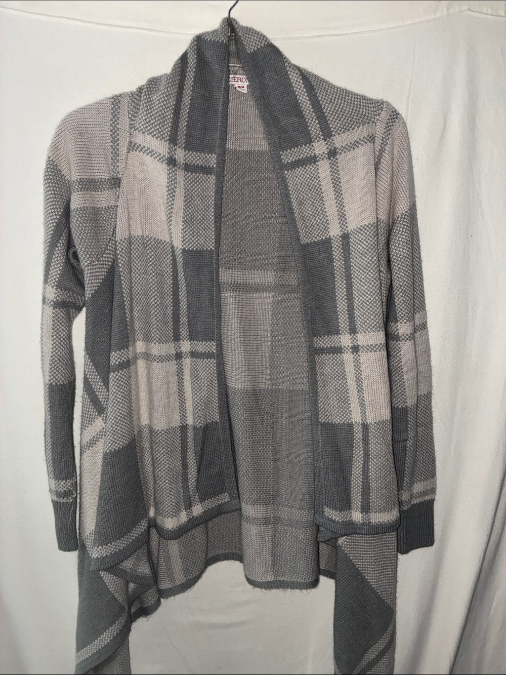 Merano Gray and Cream Plaid Open-Front Cardigan